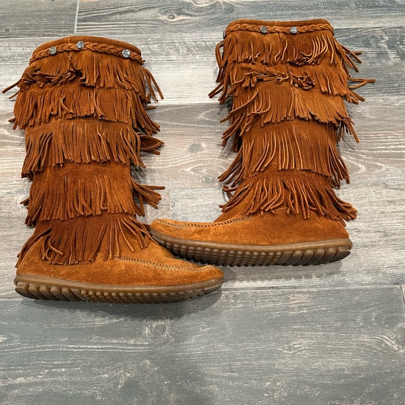 Shoes Womens Brown Leather 5 Layer Fringe Knee High Mocassin Boots Sz